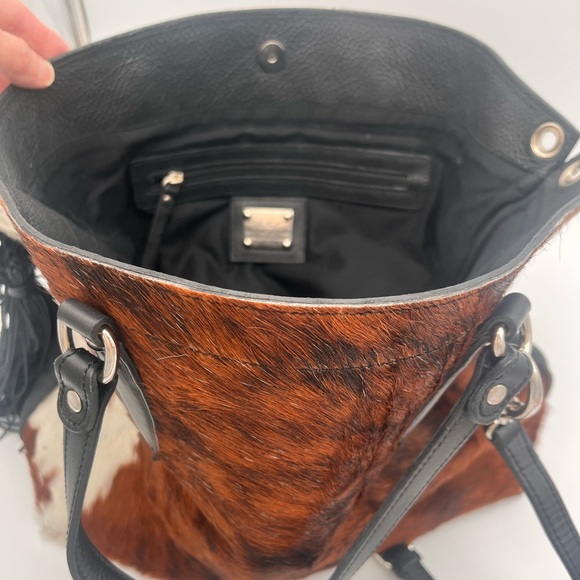 SOLD Pulicati Black Leather Bag pony hair cow print, tassel - Picture 6 of 10
